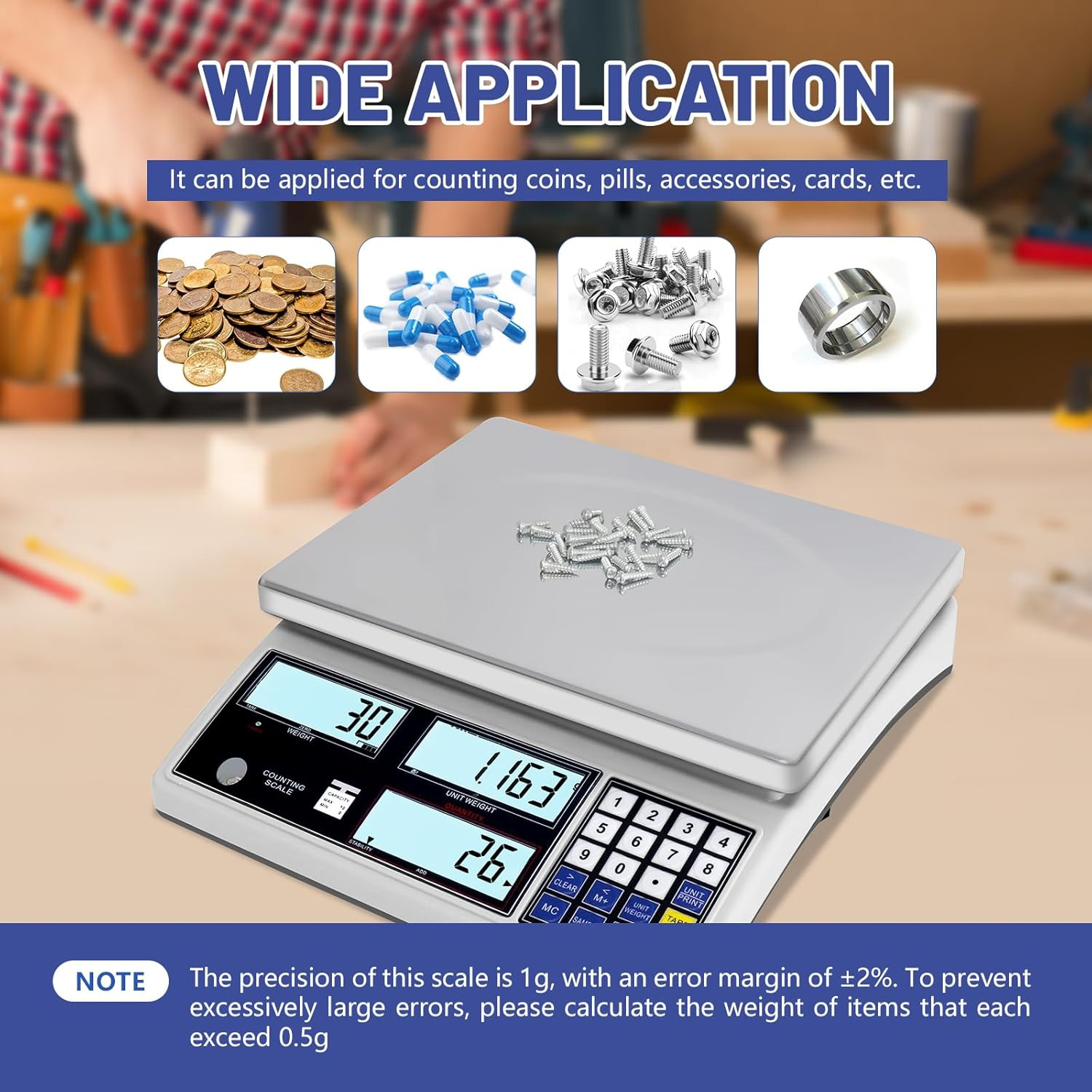 Industrial Counting Scale for Small Part (30Kg, 66Lb,1G), G/Kg/Lb,Coin Scale Bui