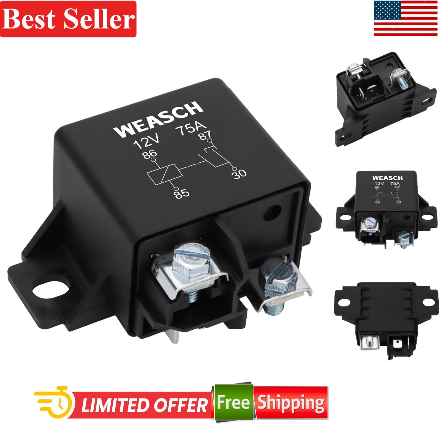 Normal Open Power Relay 12V 75A for Starter, Surface Mount, 3 Terminals