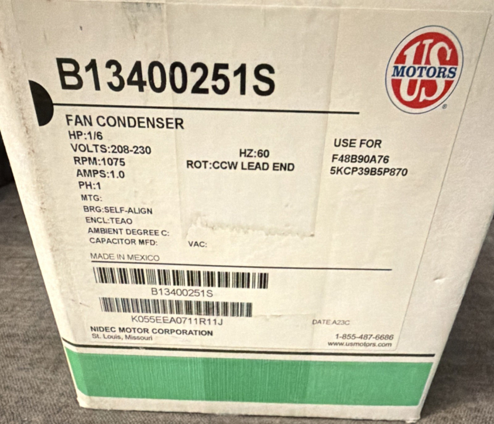 U.S. MOTORS B13400251S Condenser Fan Motor 208-230V 1.0A 1075 RPM CCW 1PH