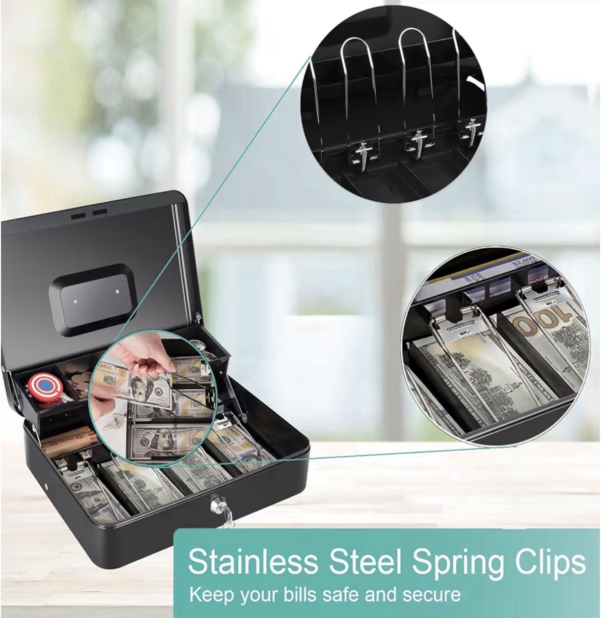 Large Lockable Cash Box with Money Tray & Key, Black, 11.8×9.45×3.54