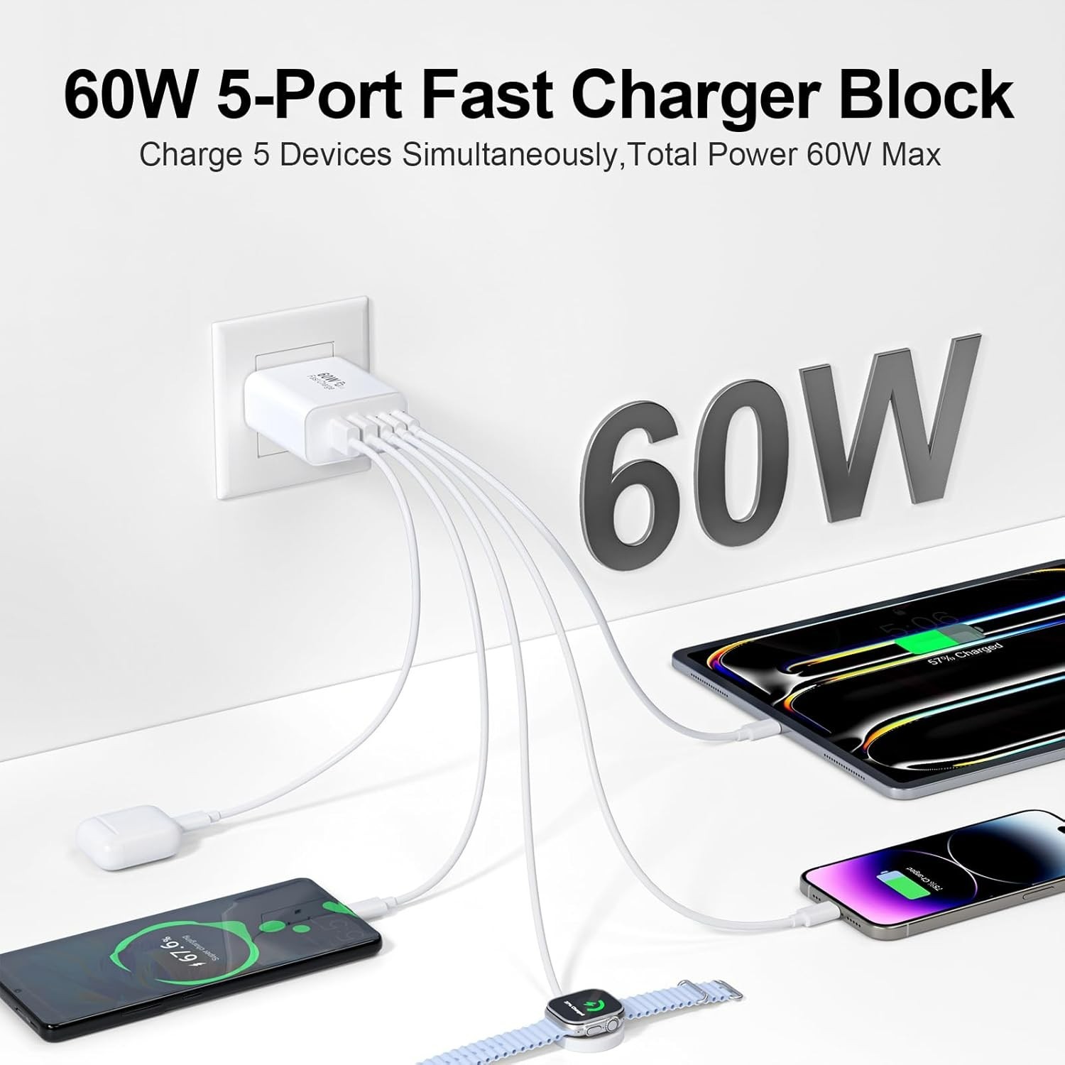 USB C Charger Block 60W 5-Port Type C Charger Fast Charging Multiple Port Plug