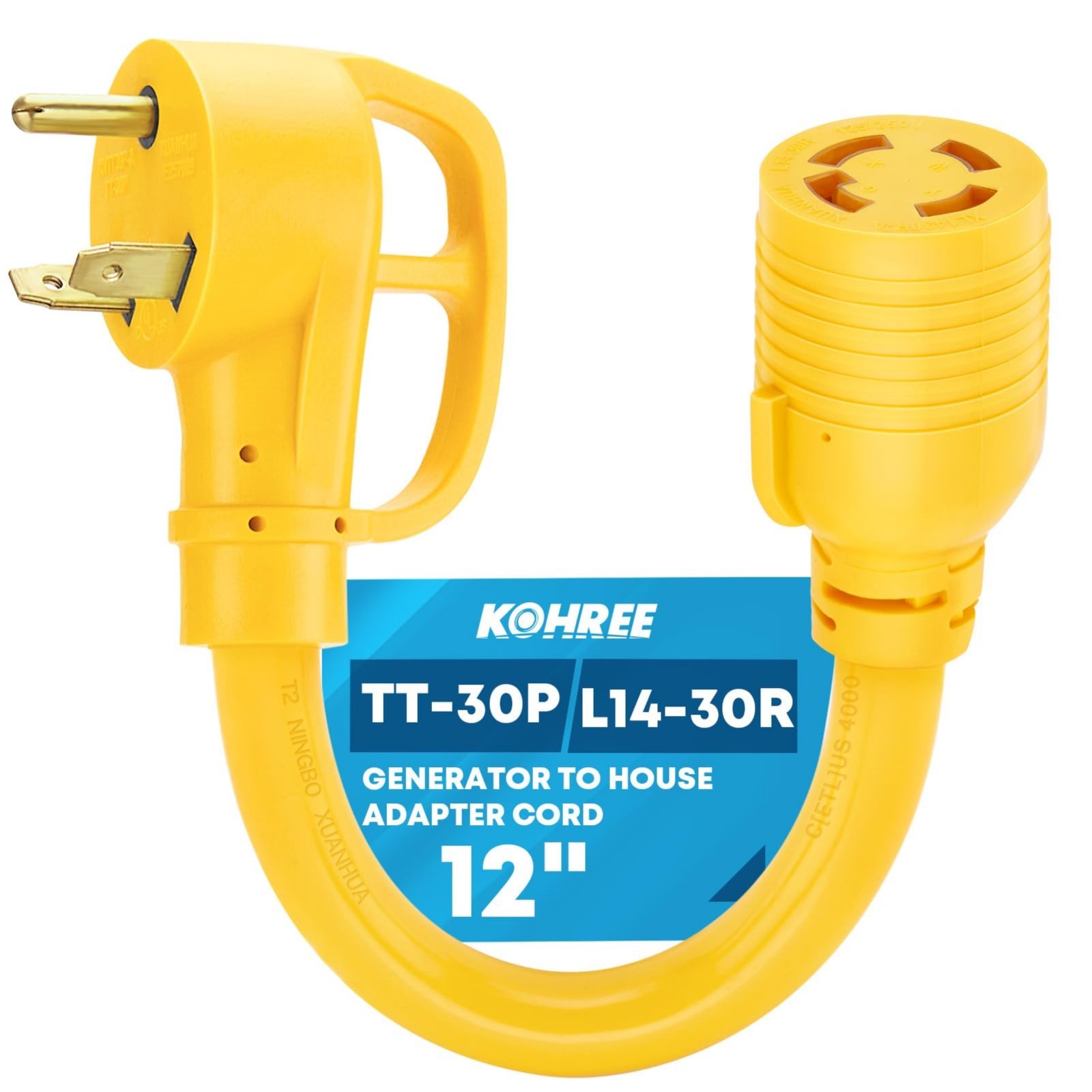 30 Amp Generator Adapter Cord, NEMA TT-30P to L14-30R, 3 Prong to 4 Prong, 12»