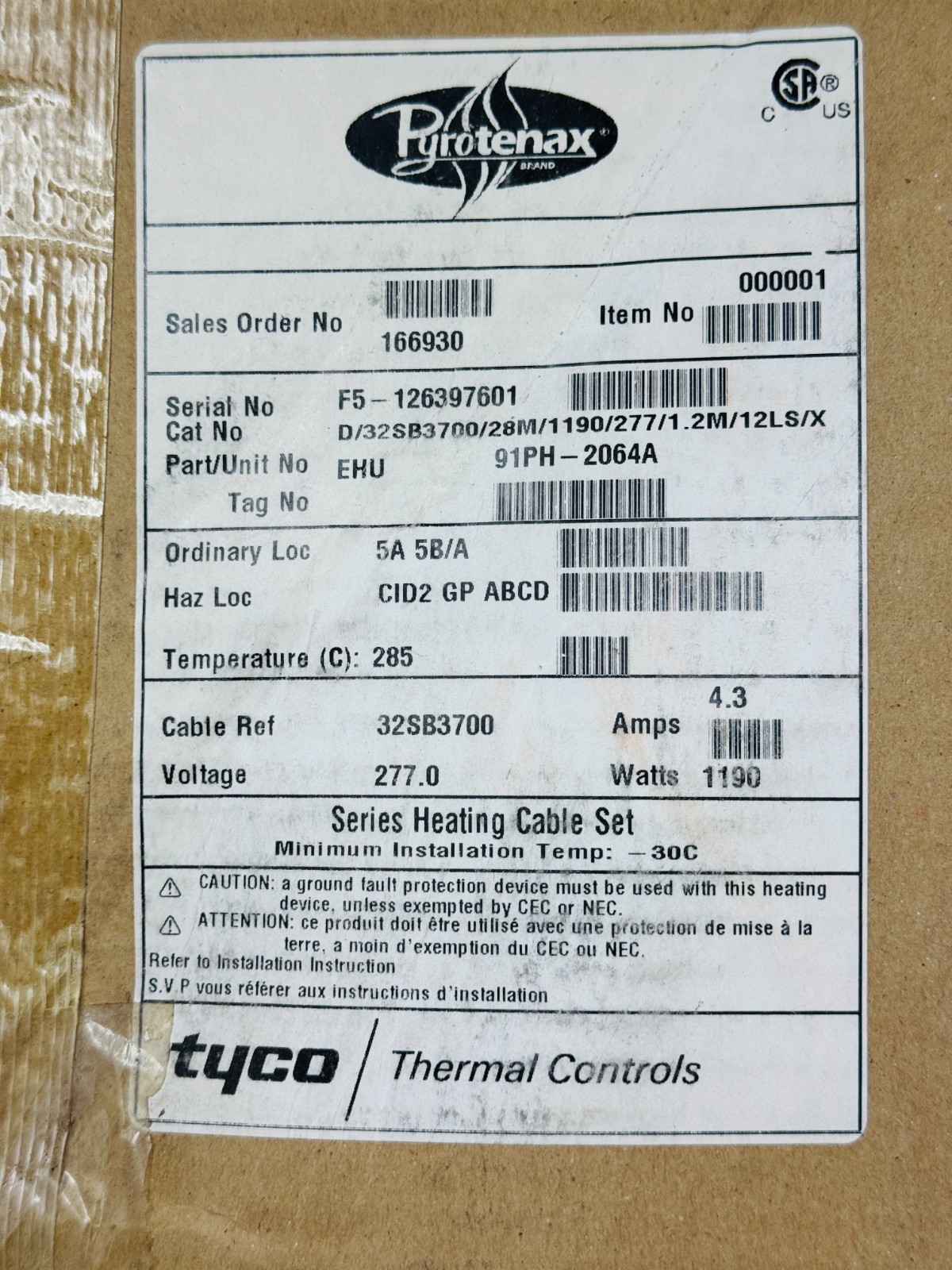 Pyrotenax D/32SB3700/28M/1190/277/1.2M/12LS/X Heating Cable 1190 Watts 277 Volts