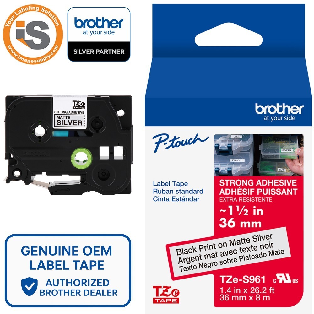 Genuine Brother TZe-S961 Strong Adhesive Black on Silver 36mm 1 1/2″ Label Tape