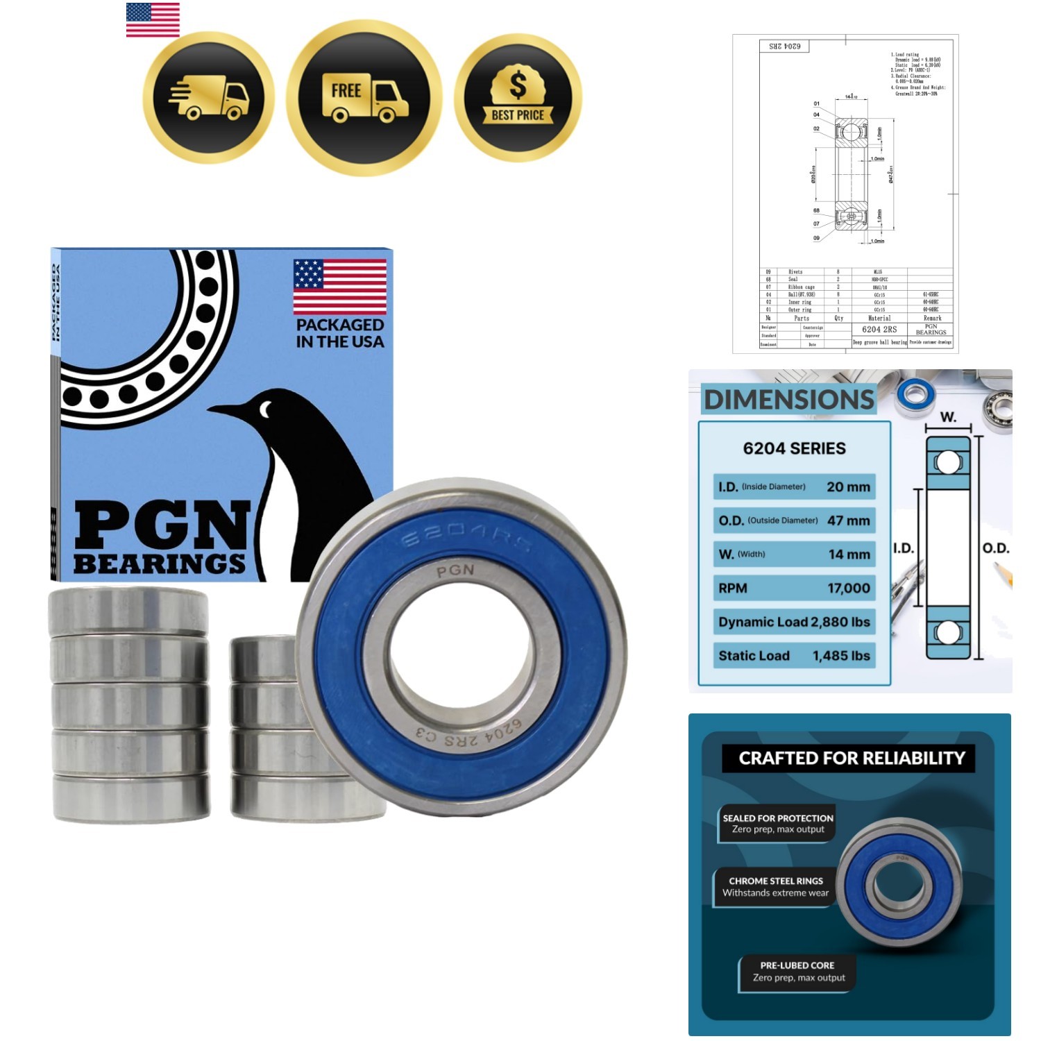 PGN 10 Pack 6204-2RS Bearing – Lubricated Chrome Steel Sealed Ball Bearing – …