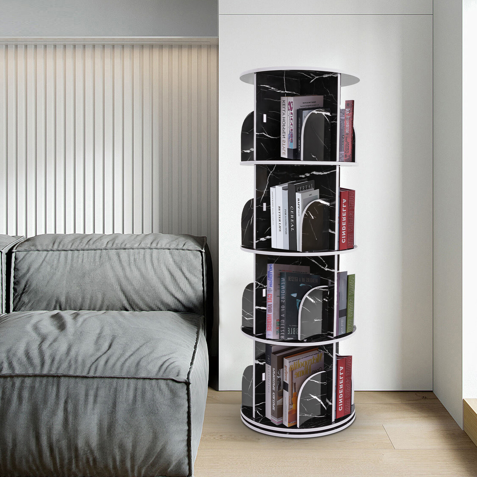 Rotating Display Bookshelf – Black Marble Revolving Storage Rack 4 Tier