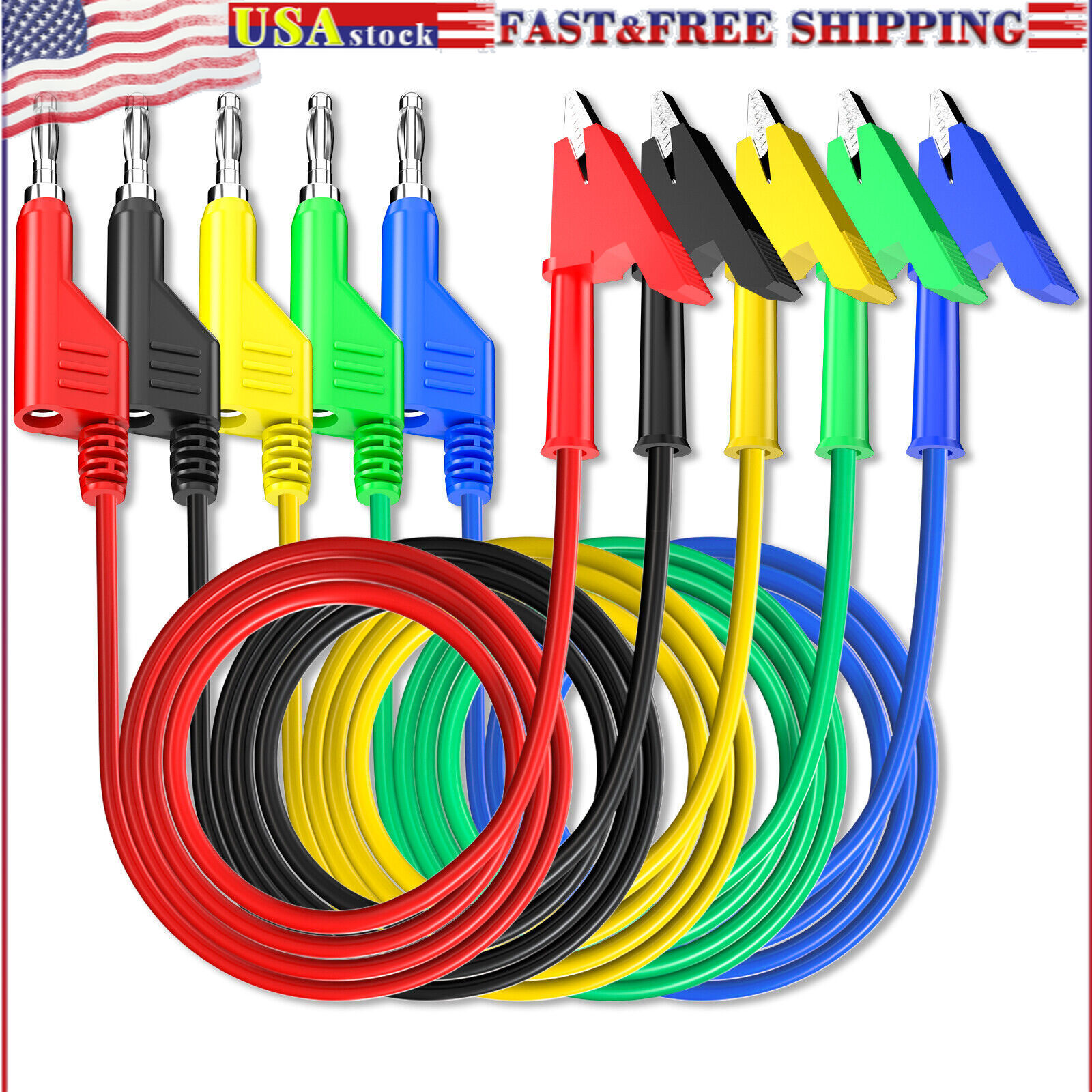 5PCS Test Lead 4mm Stackable Banana Plug to Crocodile Alligator Clip Cable
