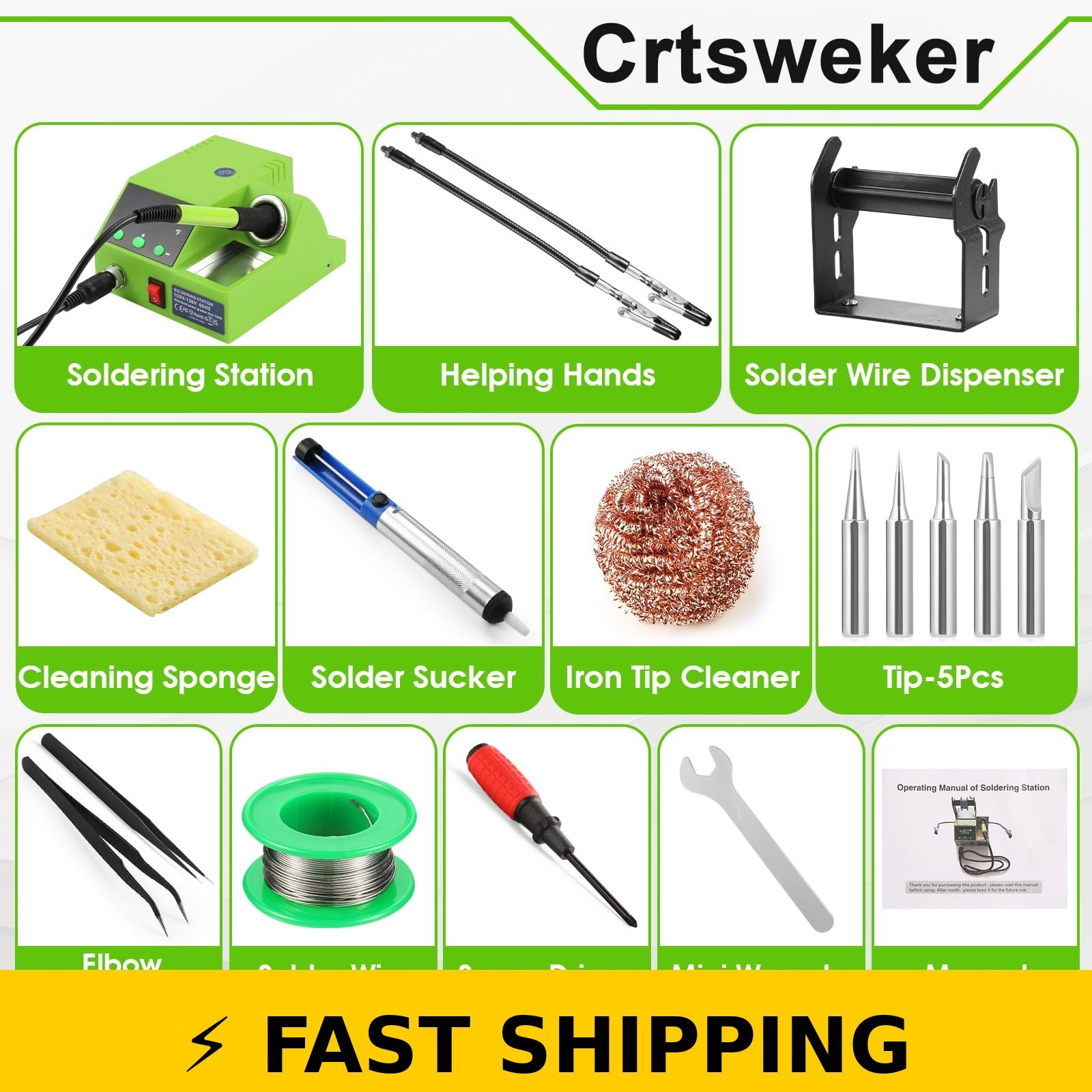 Crtsweker 100W Digital Soldering Station with Helping Hands – Green