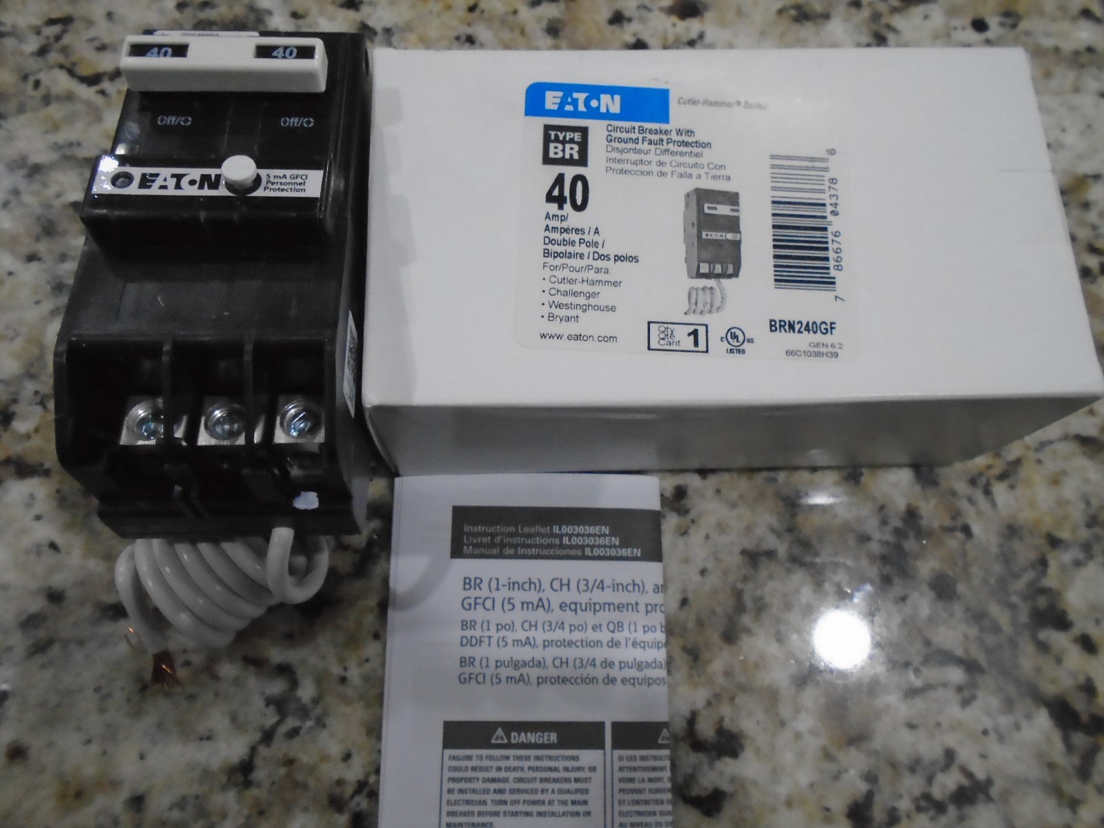 EATON BRN240GF 40AMP 2 POLE GFCI BREAKER WITH GROUND FAULT PROTECTION NEW IN BOX