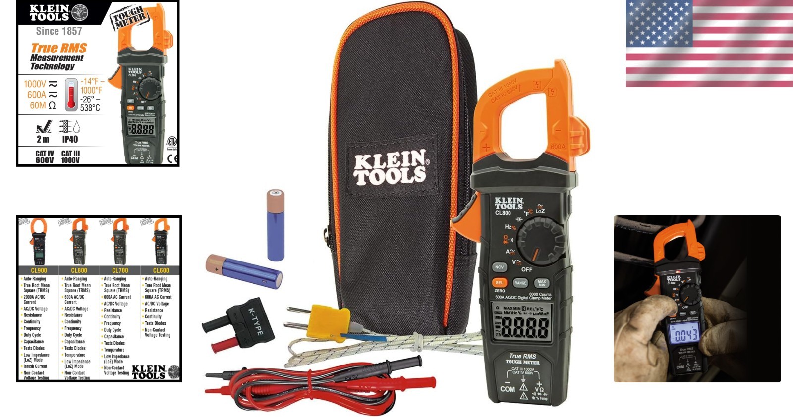 Heavy-Duty 1000V Digital Clamp Meter, TRMS 600A AC/DC with Complete Accessories