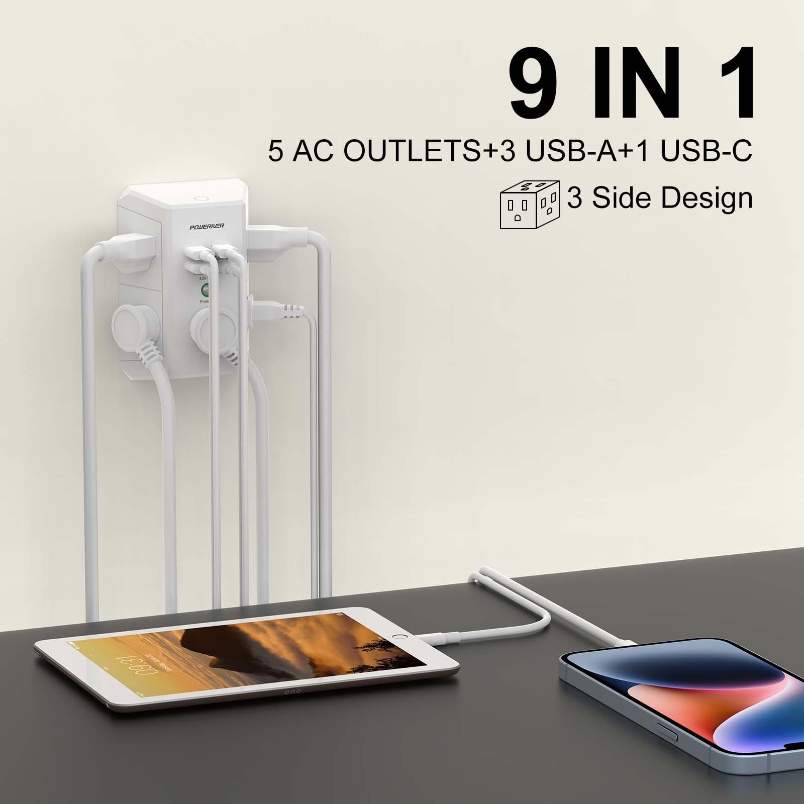 Usb Wall Charger, Multi Outlet Extender Surge Protector With 4 Usb Ports, 1680j