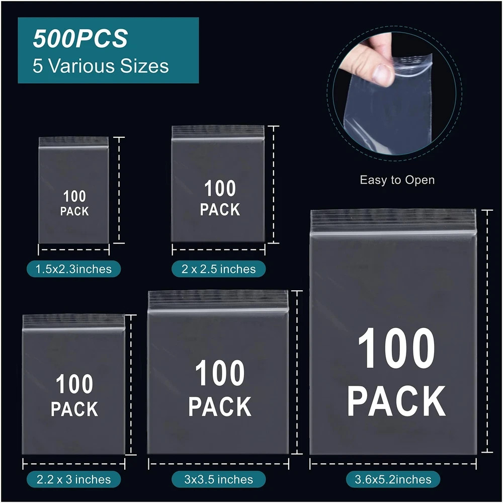 Small Plastic Bags Mini Zip Lock Bags for Jewelry Pill Candy Assorted 500 Pcs