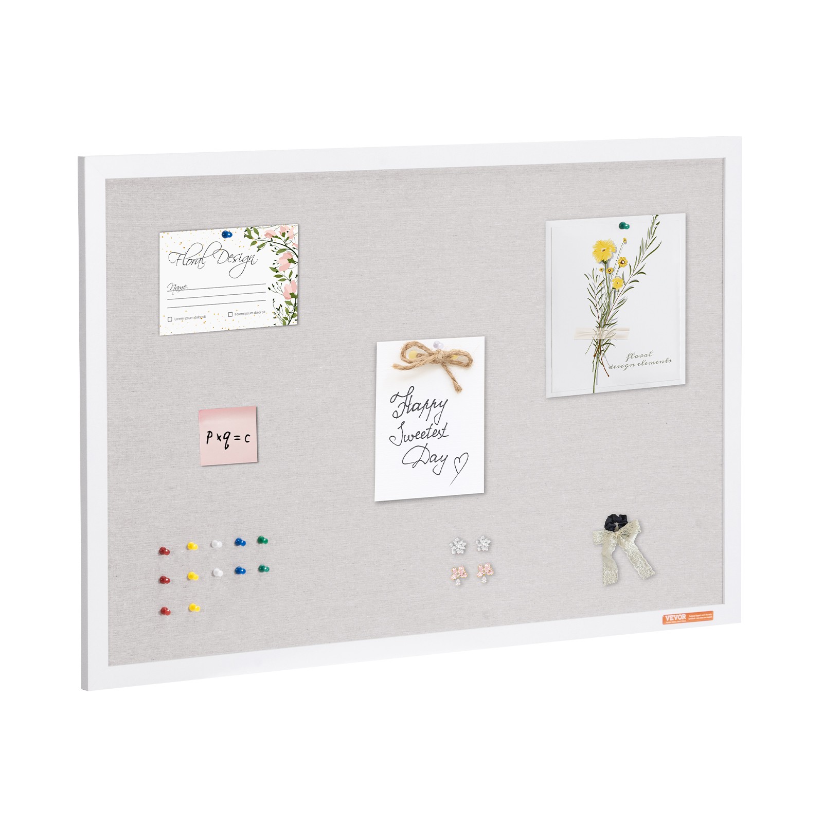 VEVOR 36″x24″ White Cork Board with Linen Surface Wall-Mounted Bulletin Board