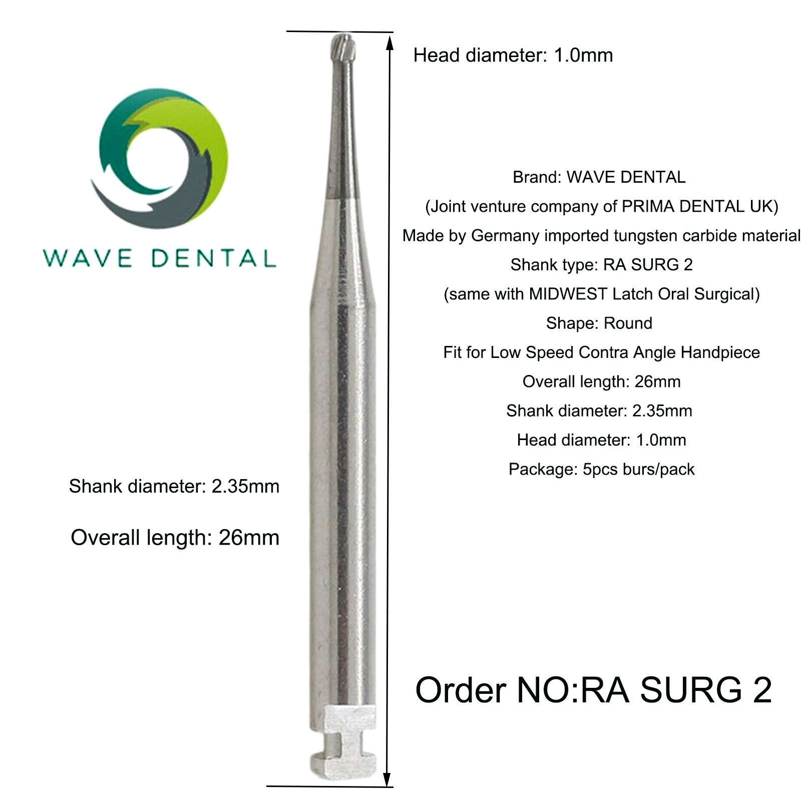 Wave Dental Burs Carbide Surgical Round Latch 26/34mm RA Slow Speed Contra Angle