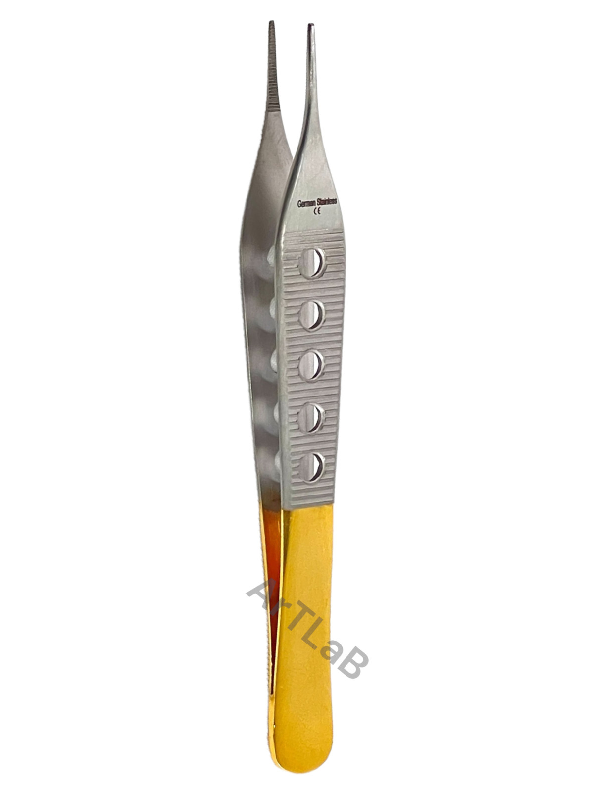 Fine Serrated Tip Adson Dressing Forceps 4.75″ w/ Gold Perforated Handle, STR
