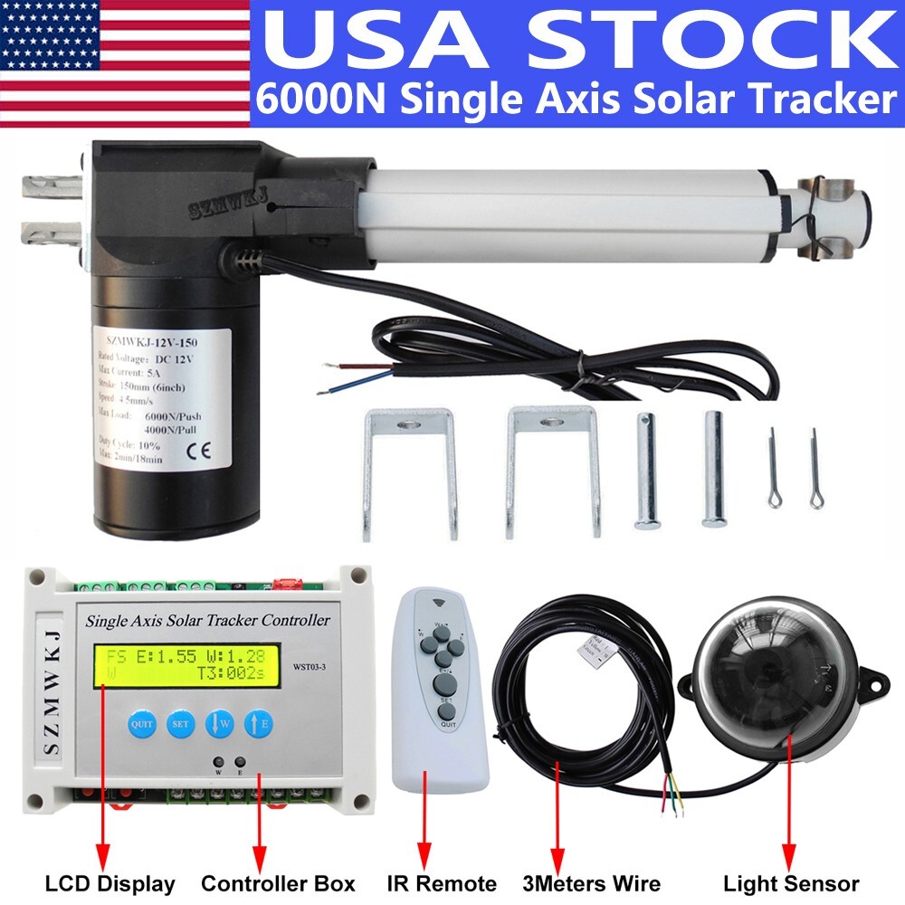 Electronic Single Axis Solar Tracker Tracking System W/ 6″ 6000N Linear Actuator