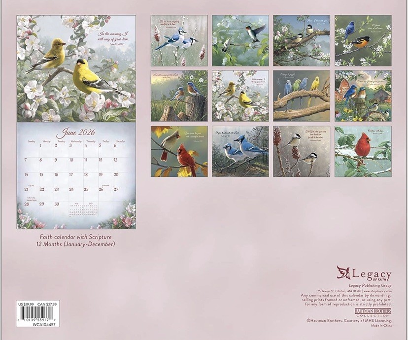 Legacy Songbirds of Faith 2026 Wall Calendar with scripture Birds High Quality