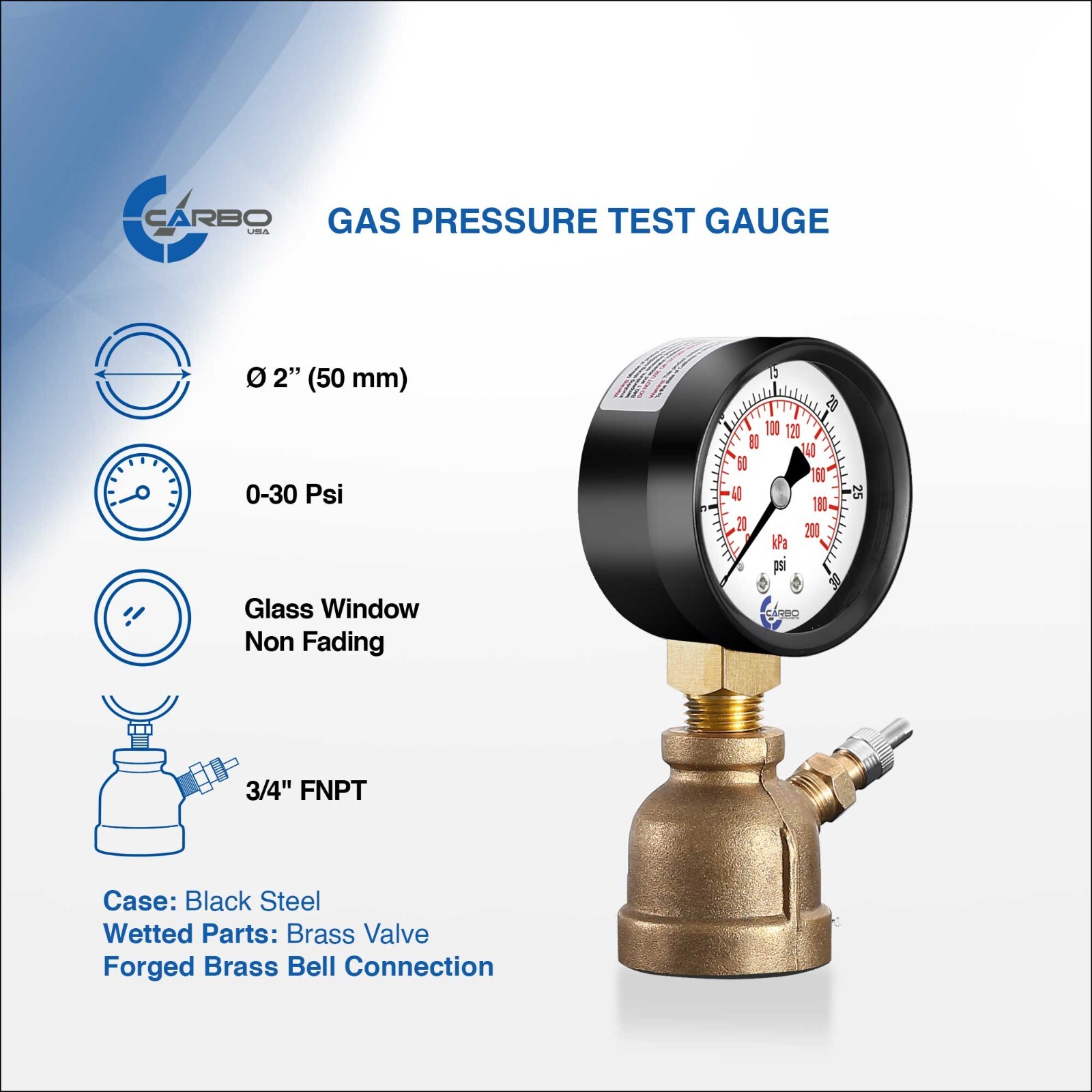 Gas Test Pressure Gauge 30 Pound, 30 PSI/200 kPa 3/4” FNPT Brass Bell Shape Body