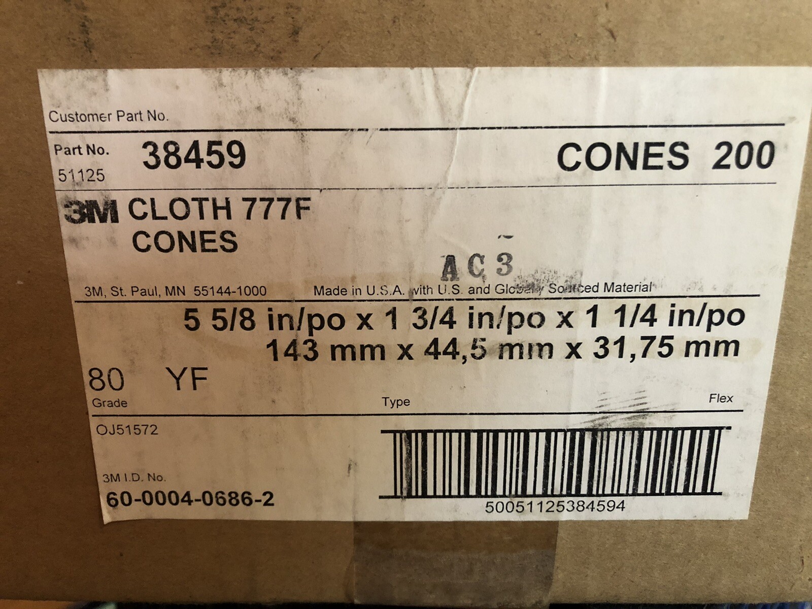 Lot Of 5 3M Cloth 777F Cones, 5 5/8 in x 1 3/4 in x 1 1/4 in, 80 YF-Weight Grit