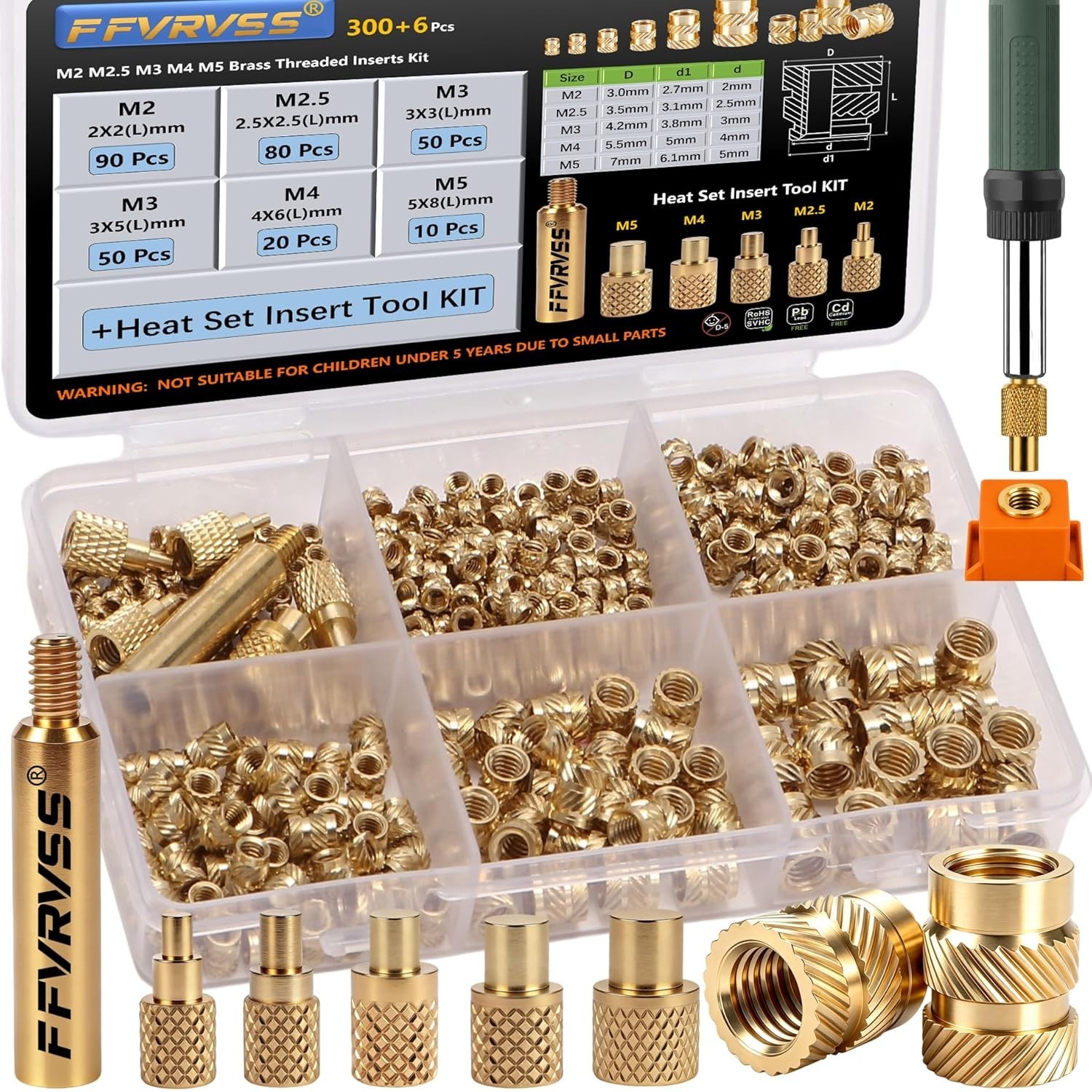 Brass Threaded Inserts Set with Heat Set Tool for Plastic Projects