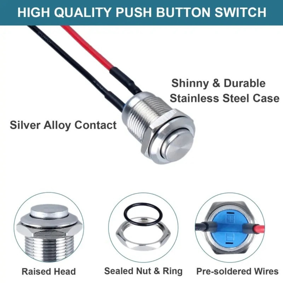 5-Pcs 12 mm Momentary Push Button Switch Waterproof Push Button Switch Round