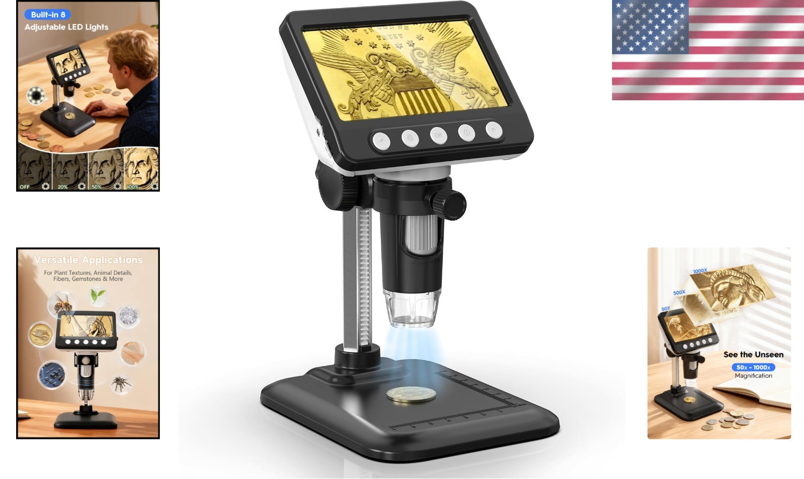 4.3″ LCD Digital Coin Microscope 1000X Magnifier with 8 Adjustable LED Lights