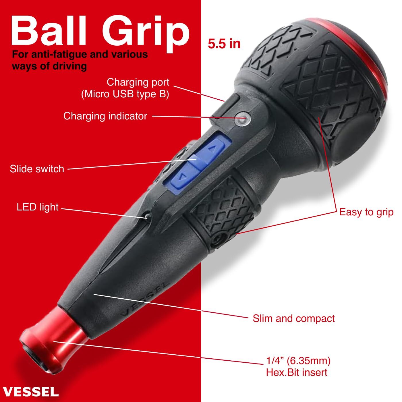 VESSEL e ASSIST Rechargeable Screwdriver 3.6V Power Manual 88.5 lbf in Torque