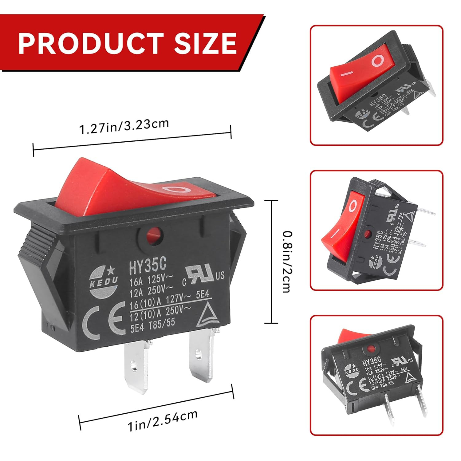 2Pieces HY35C Push Button Switch，2-Pin，16A/12A 125V/250V Rocker Switch for House
