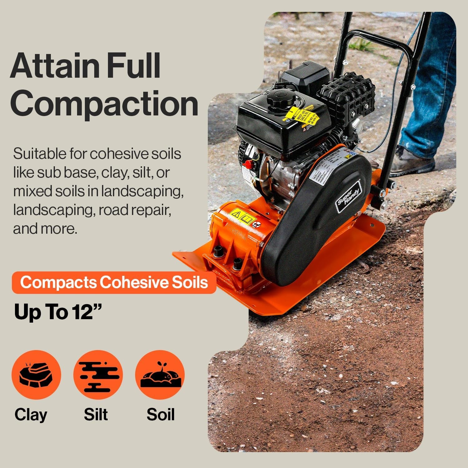 SuperHandy Plate Compactor – 7HP Gas Engine, 4200 lb. Compact Force, 12″ Max