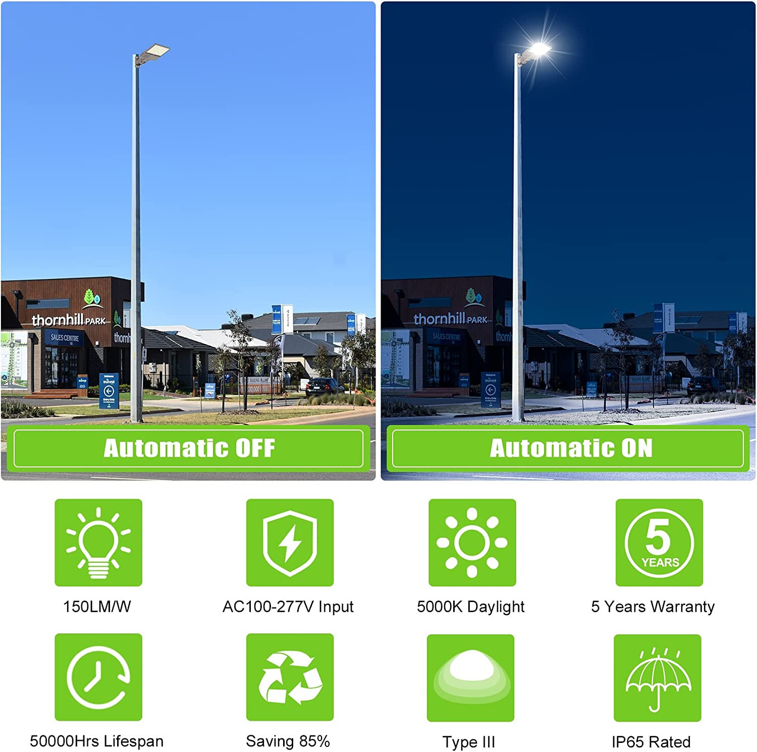 150W LED Parking Lot Light, Photocell, 22,500LM Shoebox Light Pole Arm Mount