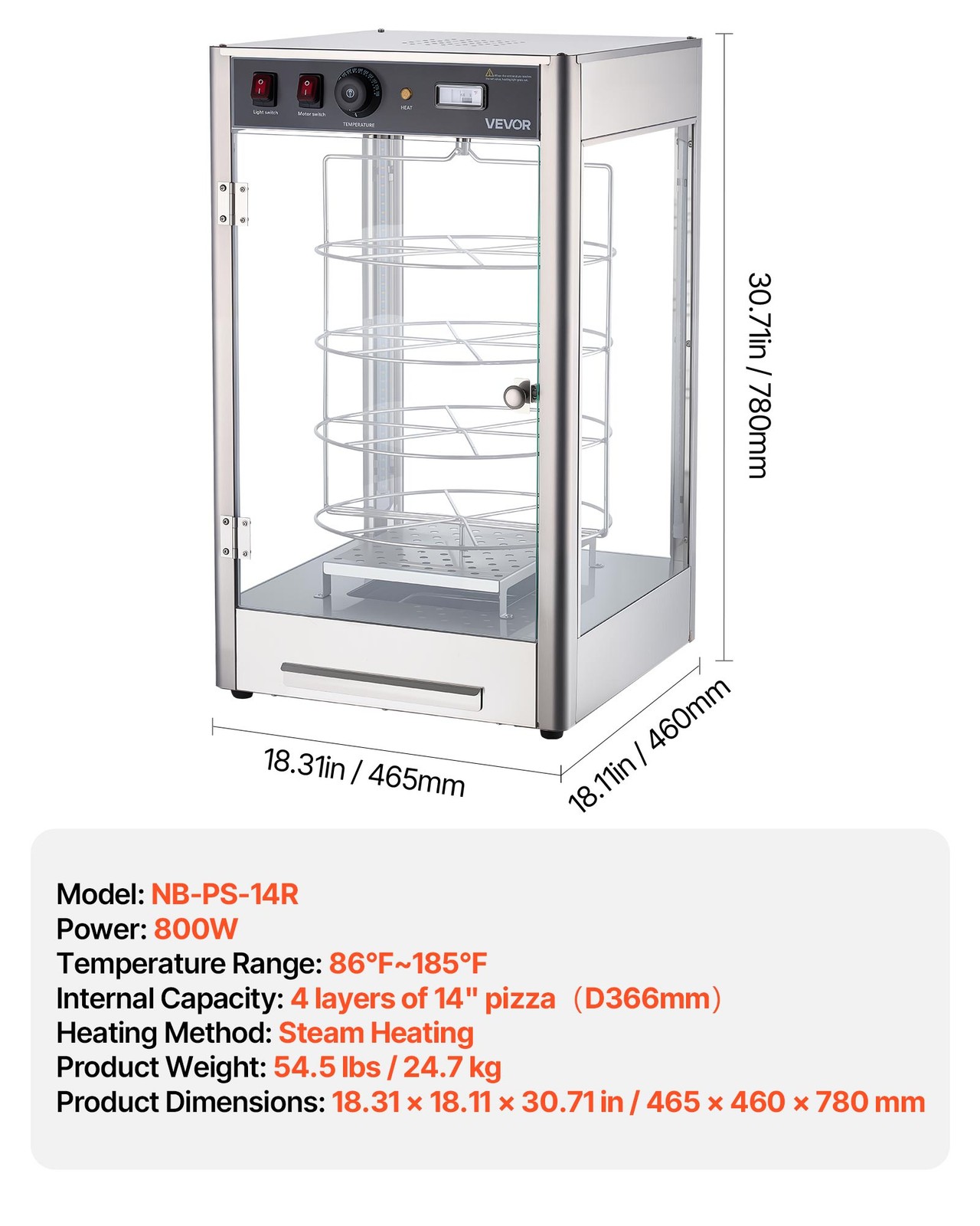 VEVOR Food Warmer Display 14 in Pizza 4-Tier Commercial Pizza Warmer Electric