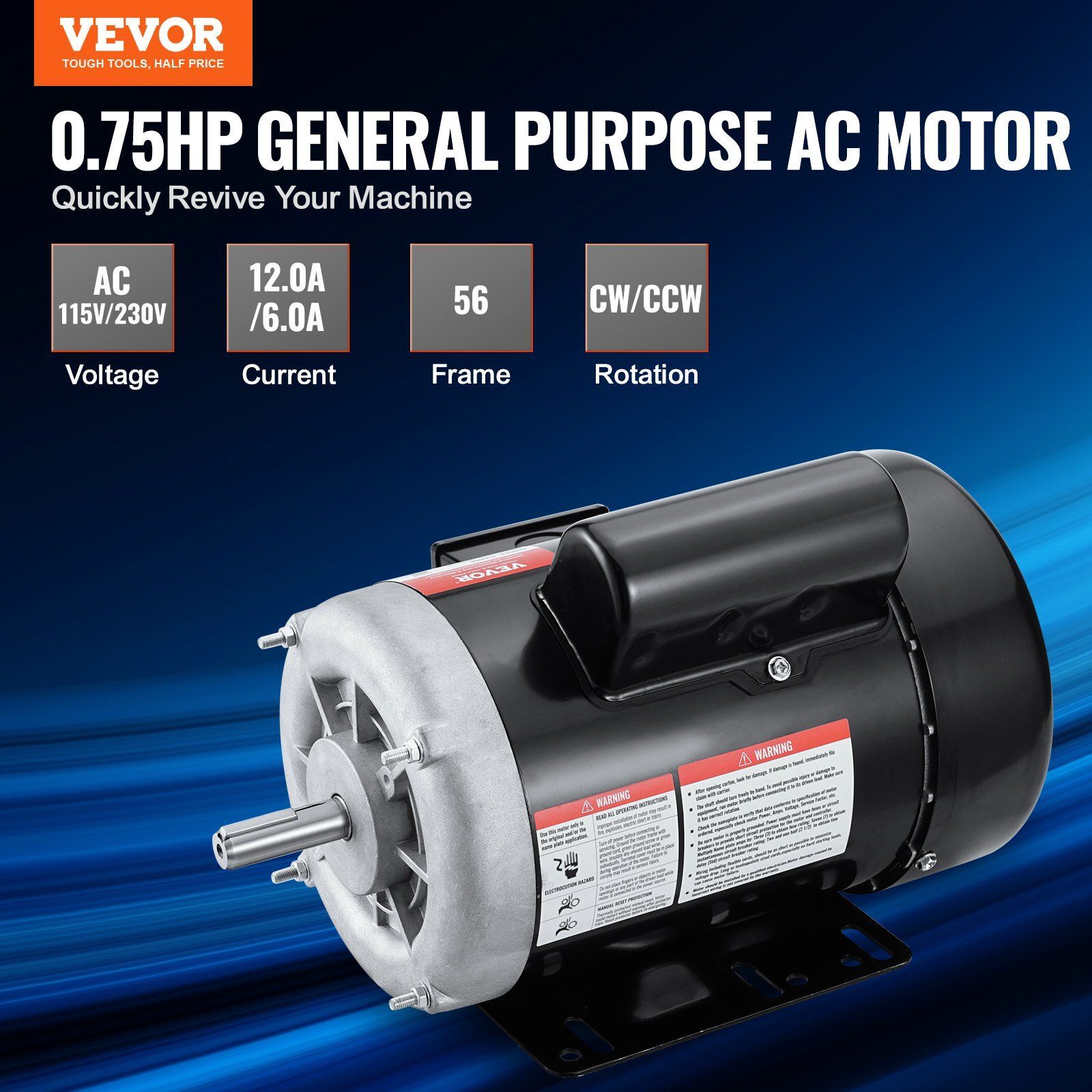 0.75HP Electric Motor 1725 RPM AC 115V/230V 56 Frame 5/8″ Keyed Shaft