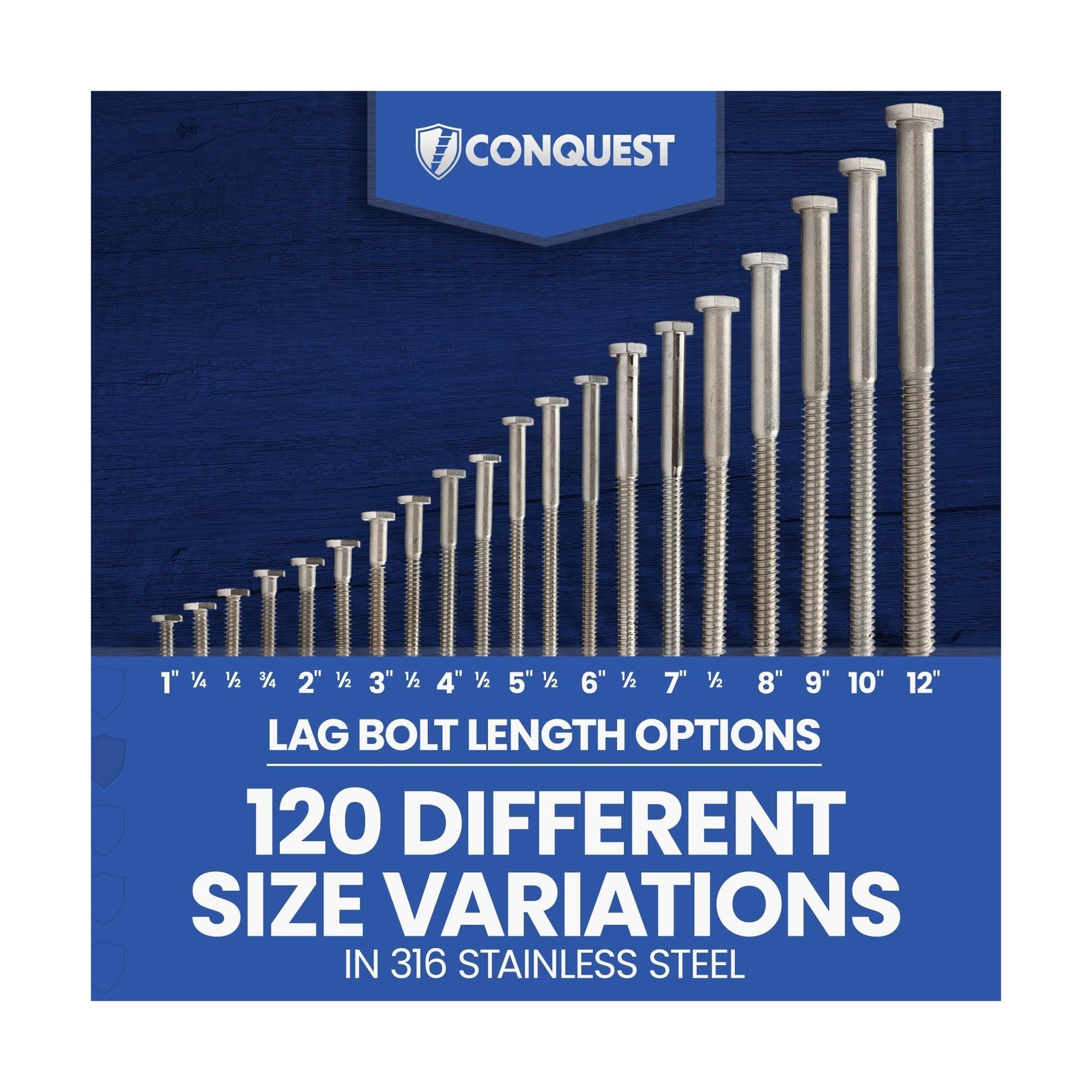 Conquest 1/2″ x 8″ Lag Bolts, 316 Stainless Steel, Coarse Threads Hex Head, C…