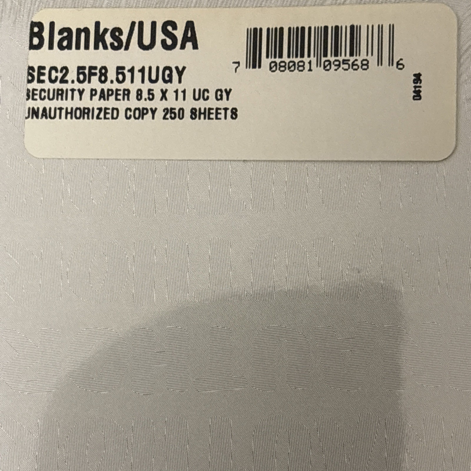 Blanks/USA 8 1/2″ x 11″ Security Paper, 250 Unauthorized Copy