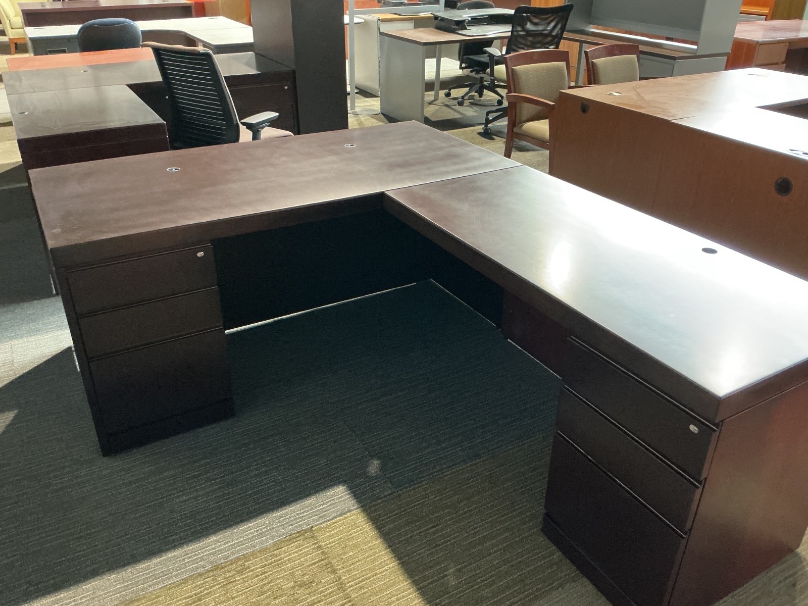 Right Hand L Shape in Mahogany Finish by Reff / 63” x 7’