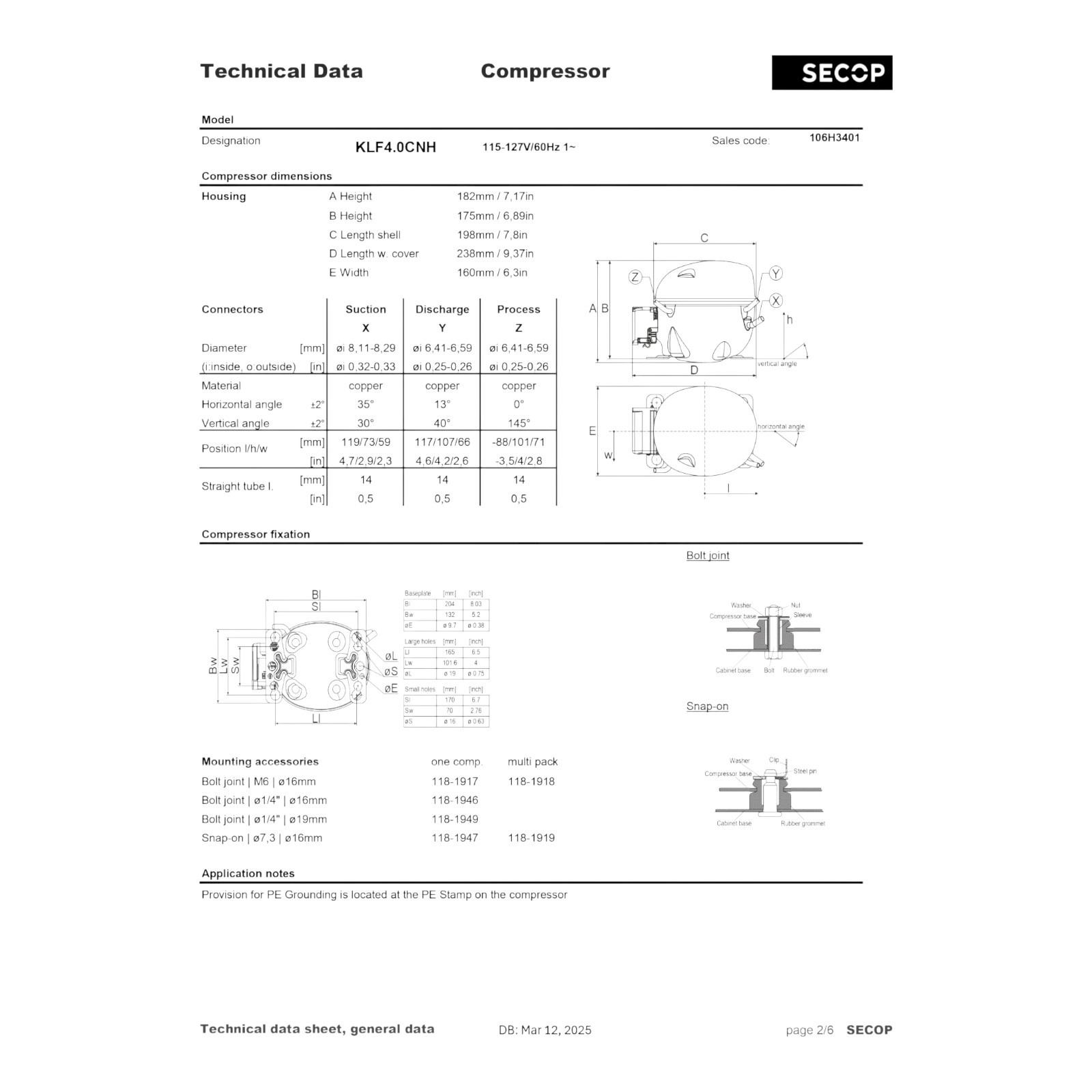 Secop KLF4.0CNH R290 Refrigeration Compressor 1429 BTU MBP 115V 60 Hz