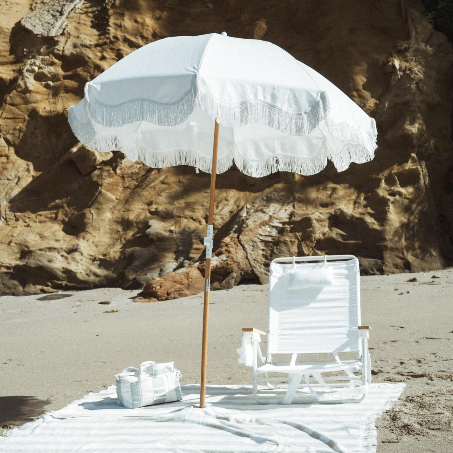 Holiday Umbrella – Boho Beach Umbrella with White Fringe, UPF 50+, 1″ Tilting Wo