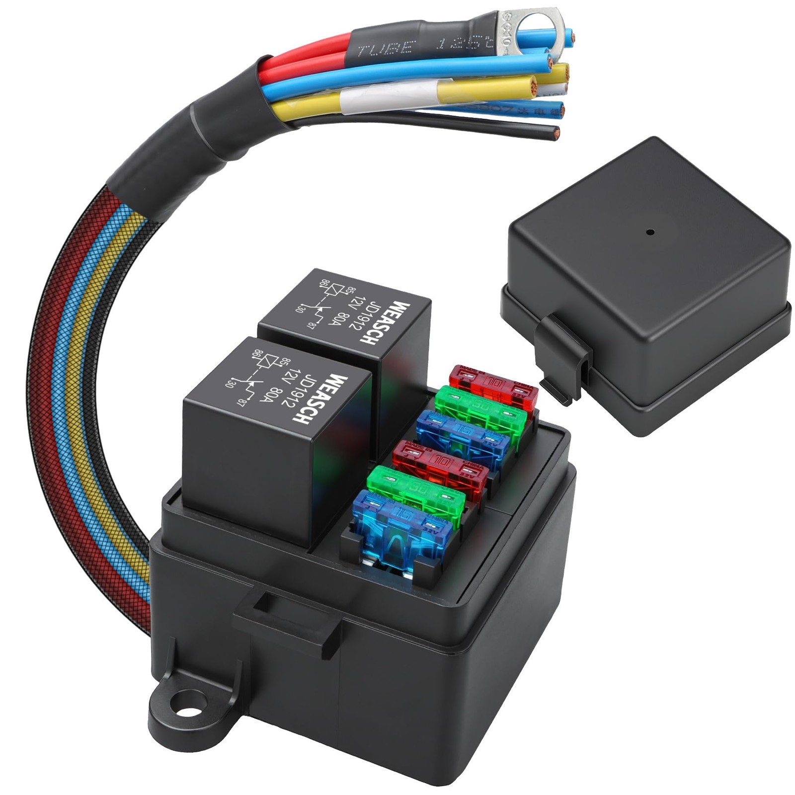 12V 6 Way Pre-Wired Fuse Relay Box Kit with Two 80A 4-Pin Relays | 6 ATC/ATO Slo