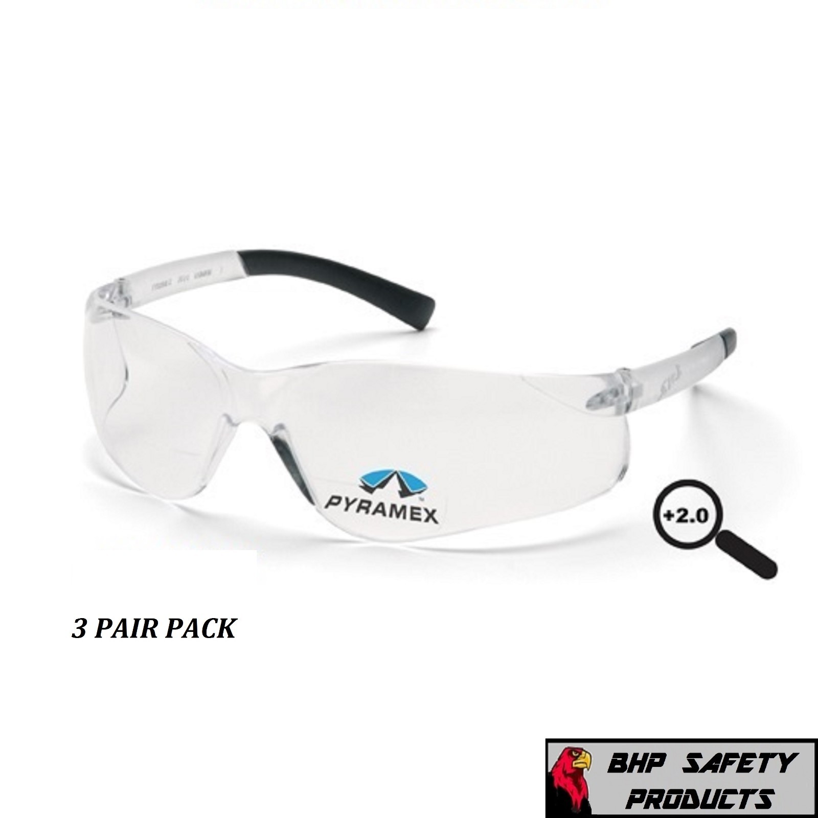 PYRAMEX ZTEK READER SAFETY GLASSES CLEAR BIFOCAL +2.00 LENS S2510R20 (3 PAIR)