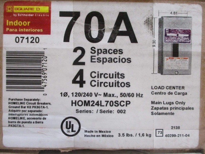 Square D Breaker Box 70 Amp Subpanel Indoor Load Center 2 Space 4 Circuit