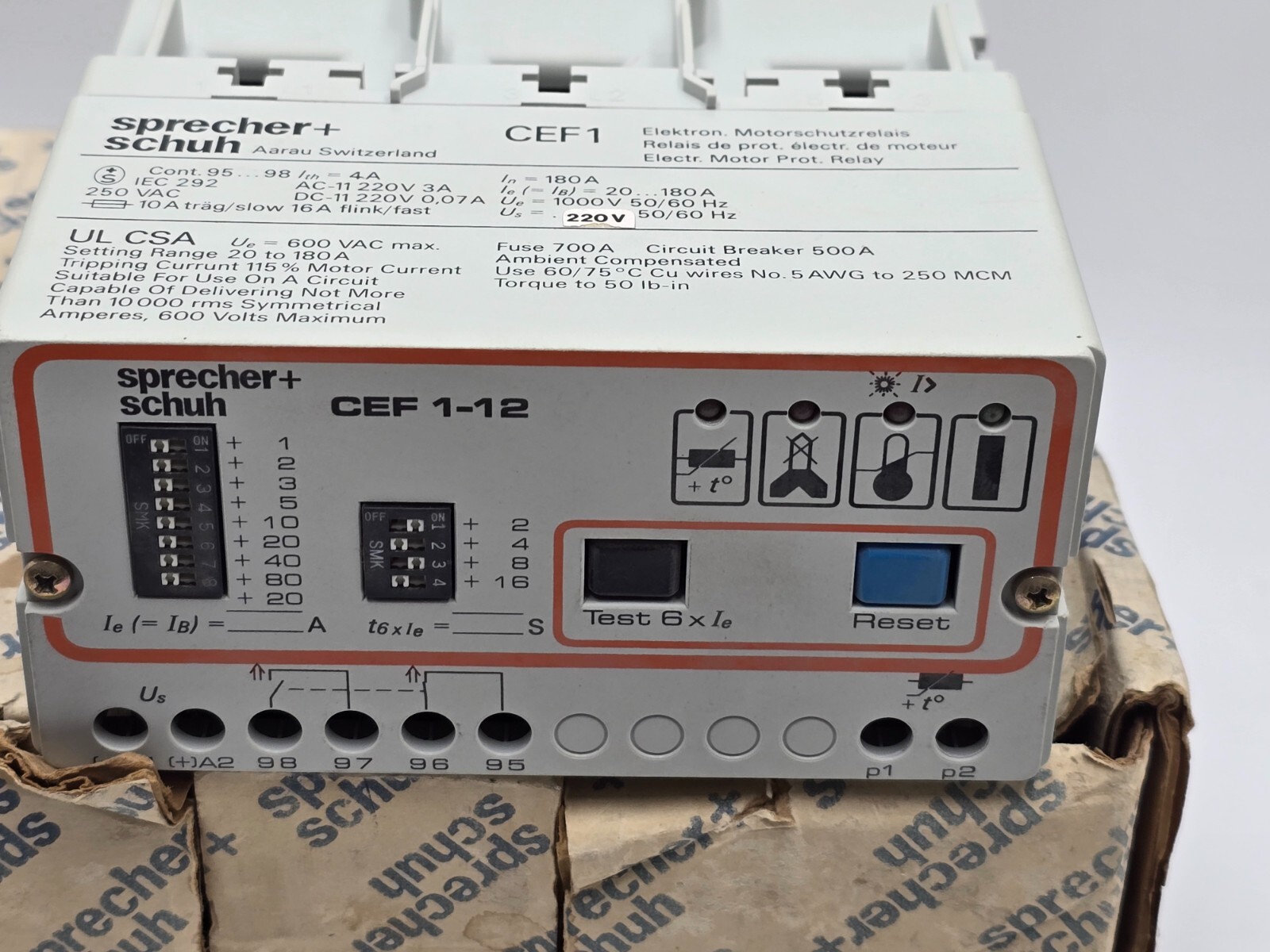 Sprecher + Schuh CEF 1-12 20-180A Electronic Motor Protection Relay 220V