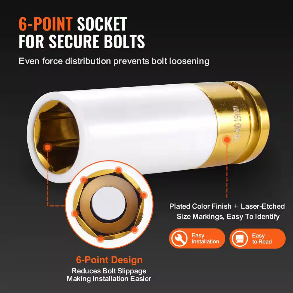 Lug Nut Impact Socket Set, 1/2 In. Drive Metric and SAE 6-Point Deep Socket Set,