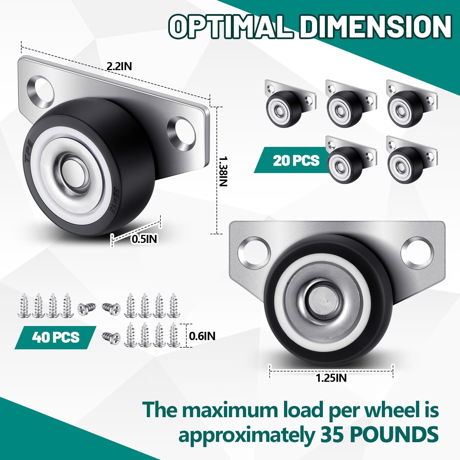 20 Set 1.25″ Mini Low Profile Caster Wheels for Drawers, Furniture, DIY Projects