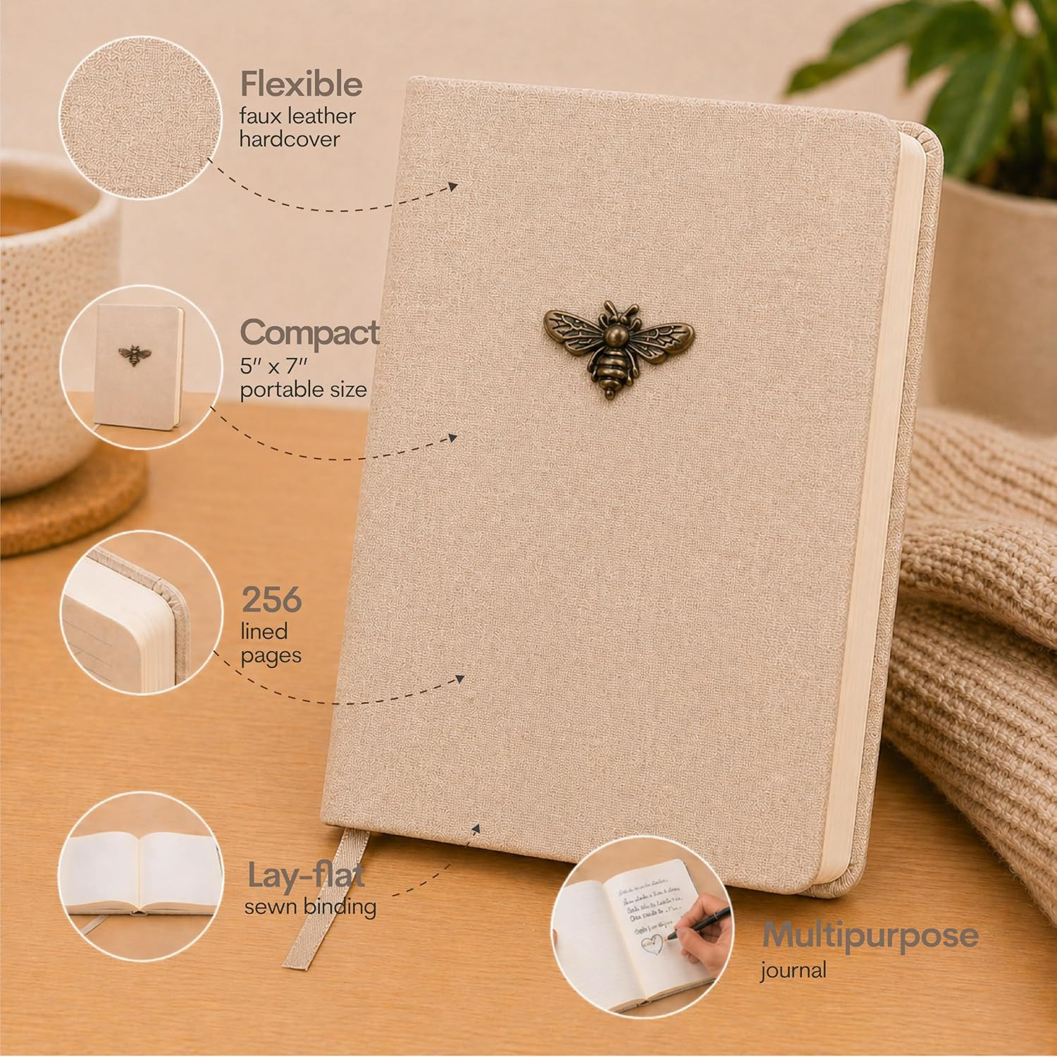 WORLD TRAVELER Eccolo Sand Bee Emblem Blank Lined Journal Notebook, 256 Ruled Pa