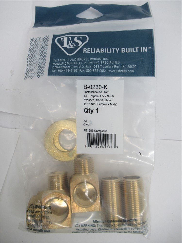T&S B-0230-K, Installation Kit 1/2″ NPT Nipple, Lock Nut & Washer Short Elbow