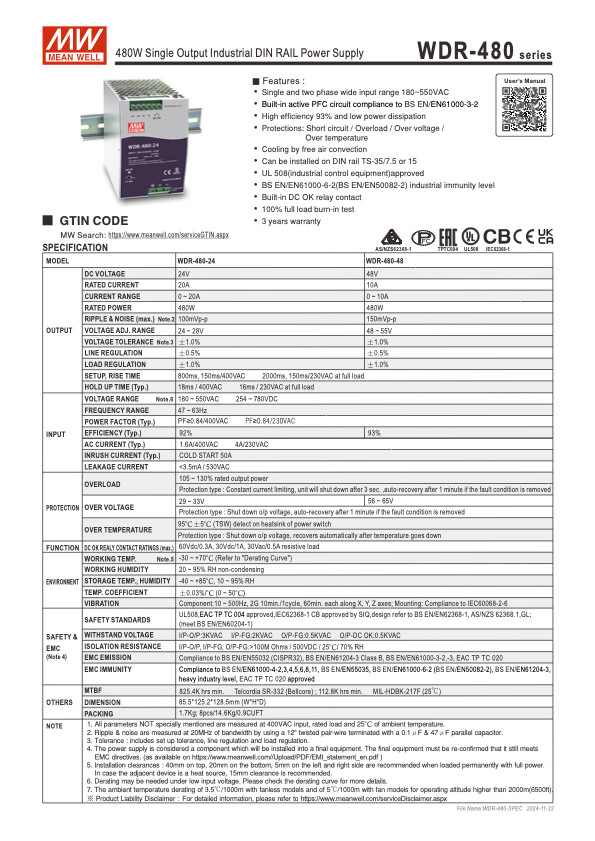 Mean Well WDR-480-24 480 W DIN Rail Power Supply, 24 VDC 20 A, 200–500 VAC (NIB)