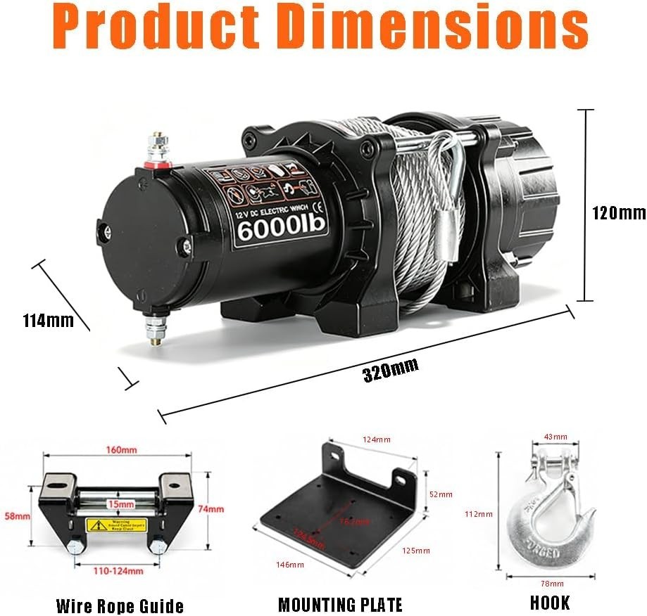 6000 lbs Waterproof Electric Winch, 12V DC Steel Rope Trailer Winch