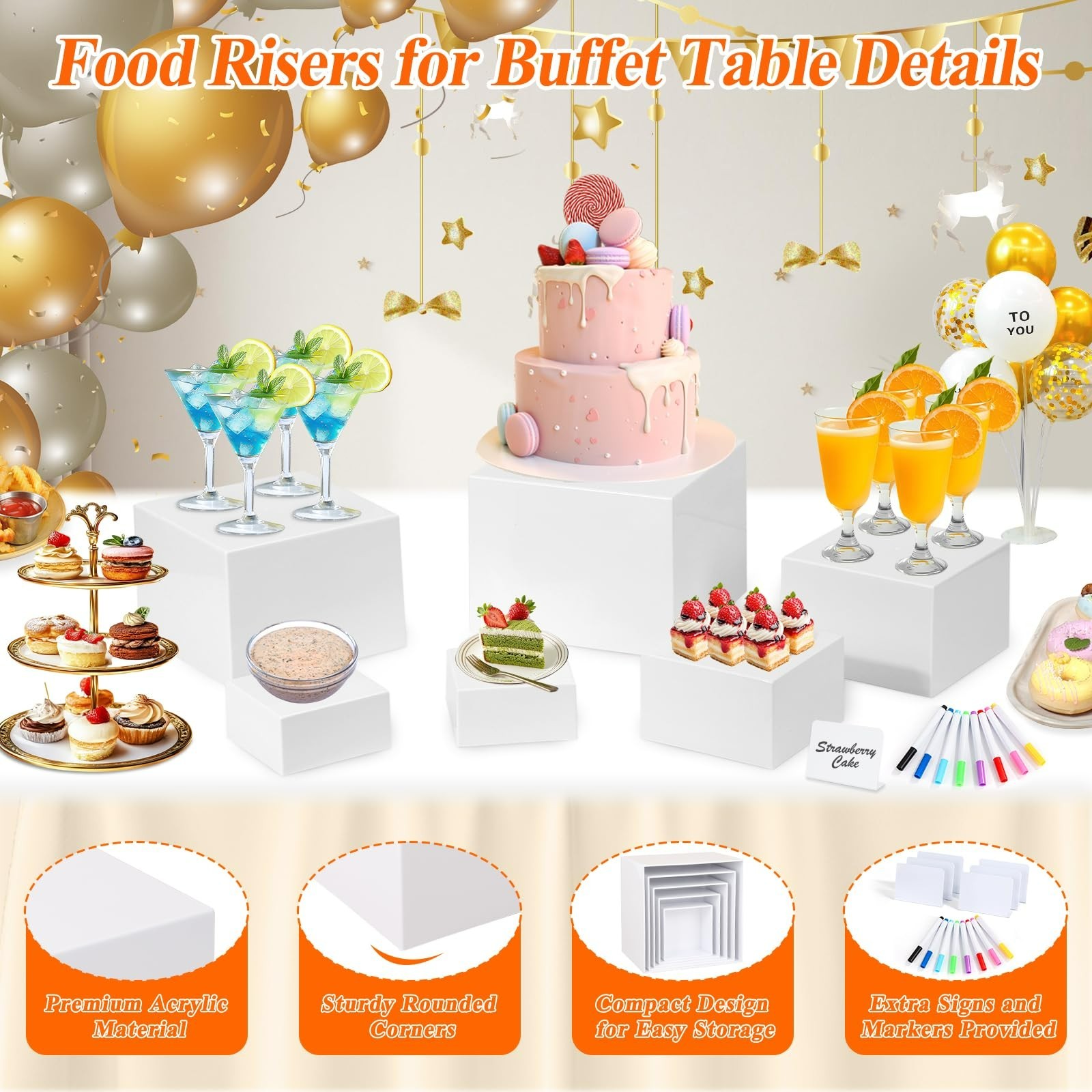 6 Pcs White Acrylic Buffet Risers with Mini Sign and Maker, Food Display Stands