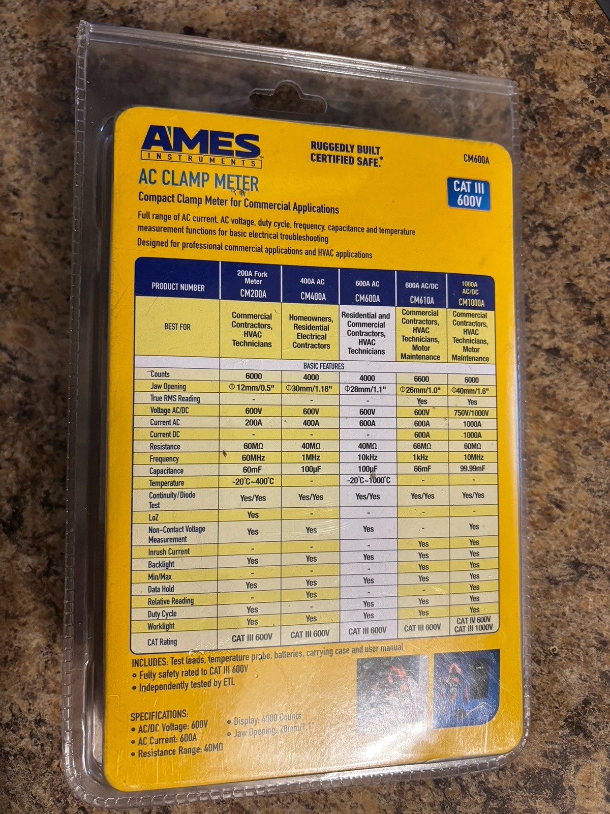 Ames Instruments CM600A Cat III 600 V AC Compact Clamp Meter Digital