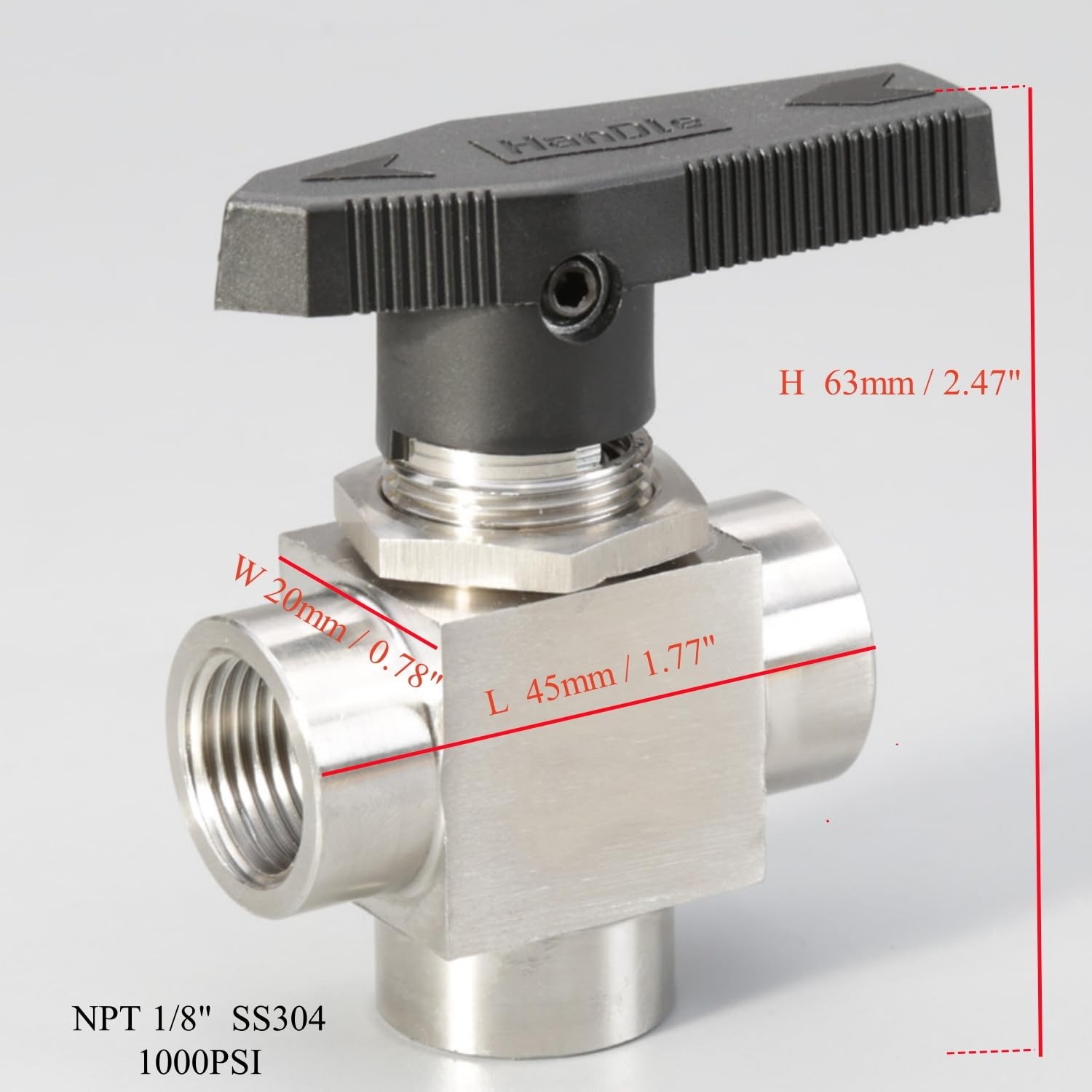 3 Way L-Port Stainless Steel Ball Valve 1/8 NPT 1000 PSI Heavy Duty Diverter Val